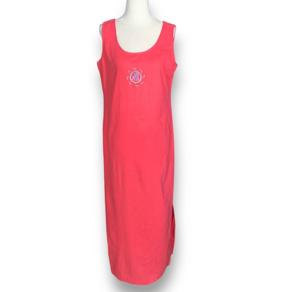 Vintage 90s Coral Linen Blend Maxi Kokopelli Embroidered Pattern Sundress‎ 10